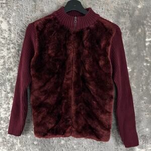 Designers Studio Original Size M Faux Fur Mock Neck Jacket Burgundy Long Sleeve